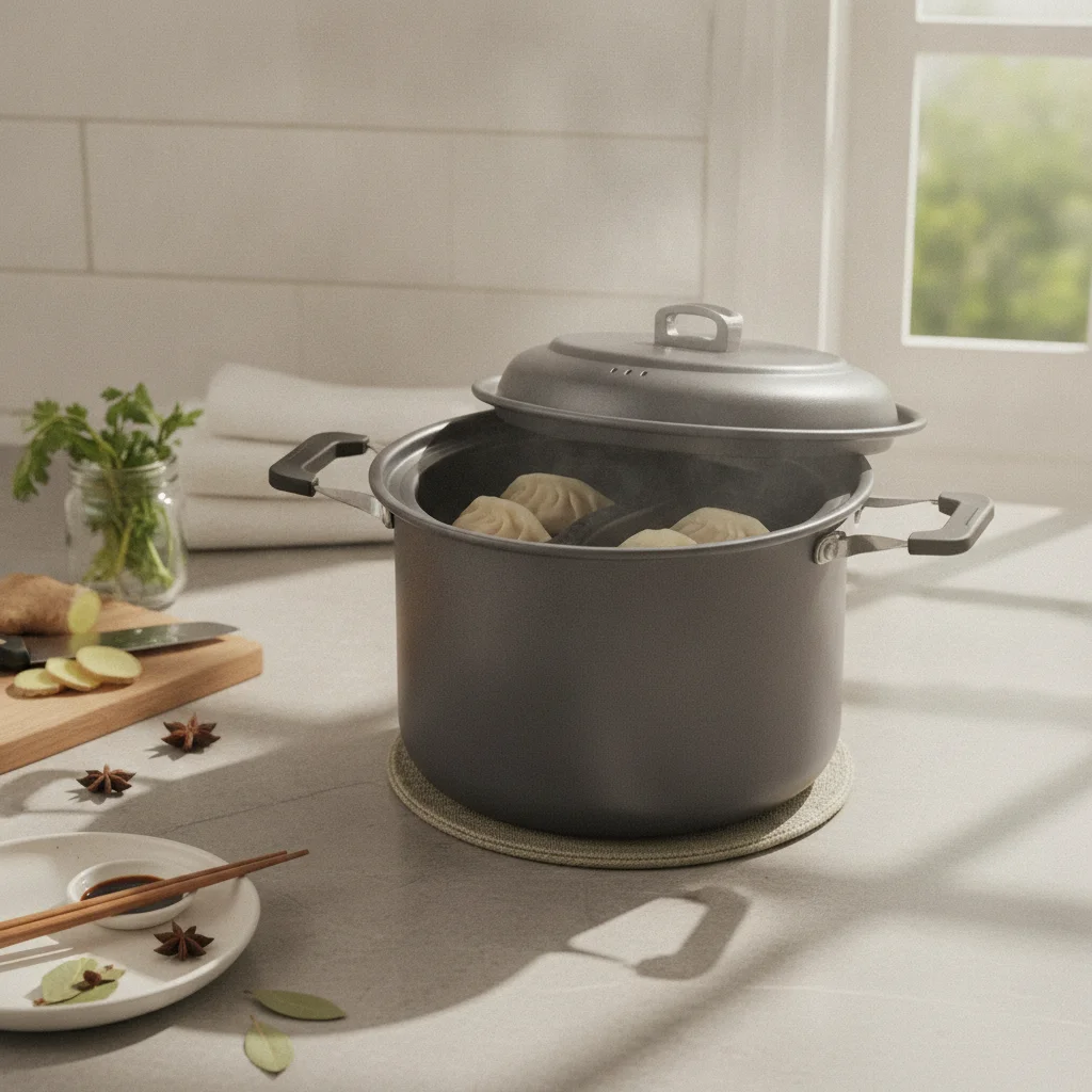 Two-partCompartment Steaming Pot Hard-Anodized Outdoor Steamer Set Portable Cooking Pot Foldable Handles Cookware 6.5 L Capacity