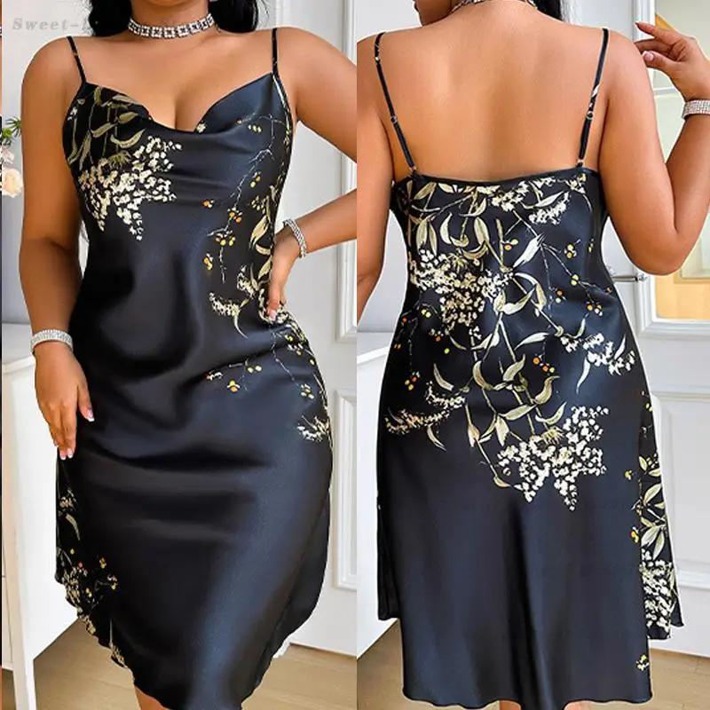 

Plus Size 3XL 4XL 5XL Chemise Nightgown Summer New Female Satin Sleepwear Sexy Print Flower Strap Nightdress Homewear Negligee
