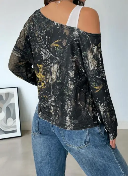 Y2K بلايز امرأة جديدة الخريف 2025 تقسم وهمية قطعتين قطري الكتف البلوز تي شيرت ريترو التعادل صبغ مطبوعة الدانتيل مثير #3