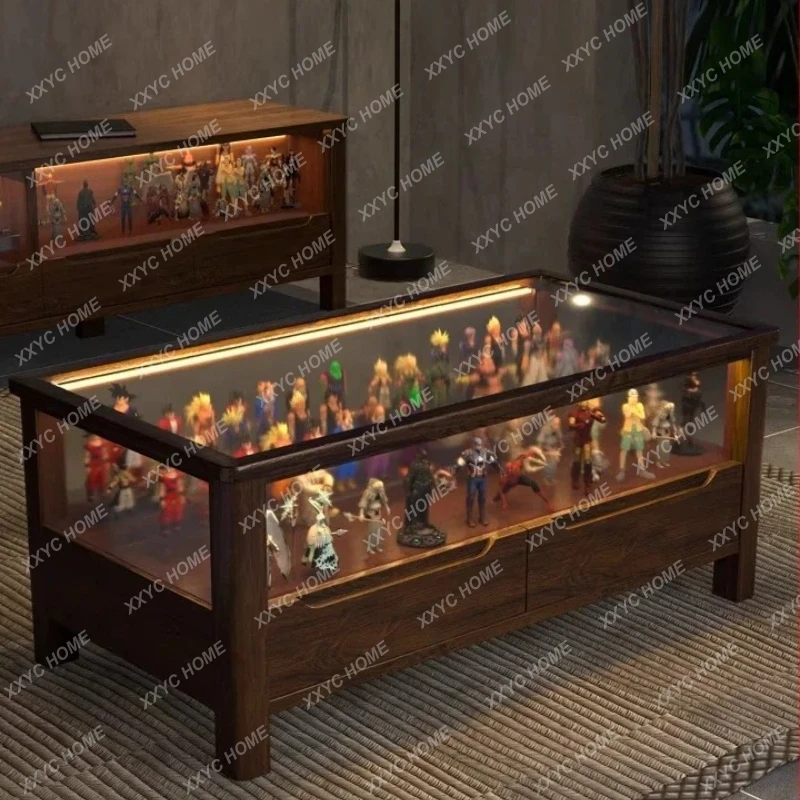 Lwood coffee table glass multi-functional tea table display cabinet with lamp black walnut storage