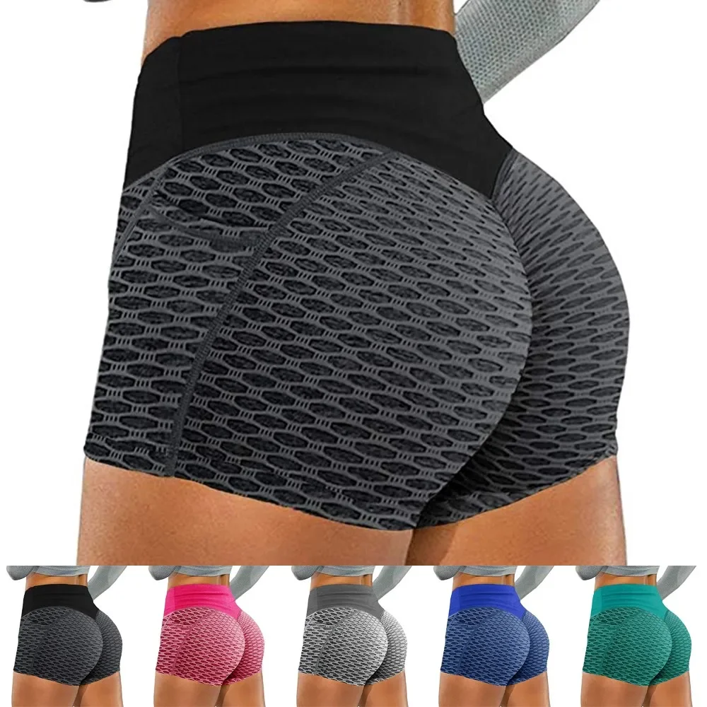 High Waist Ruched Yoga Shorts for Women Sports Hot Pants with Pockets Push Up Gym Workout Shorts in Grey Black Blue Red Green
