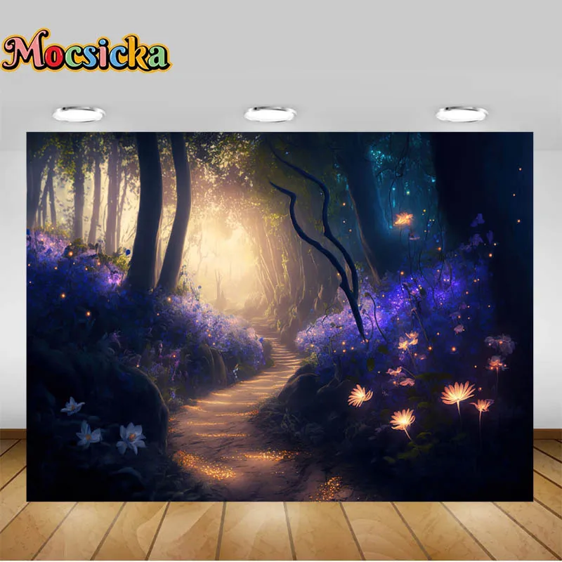 Mocsicka Photography Backgrounds Night Fantasy Forest Fairytale Forest with Magical Glowing Flowers Backdrops Photocall Props