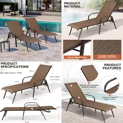 Adjustable Outdoor Chaise Lounge Chair with Five-Position and Full Flat Recline for Patio, Deck, Beach, Yard Comfort