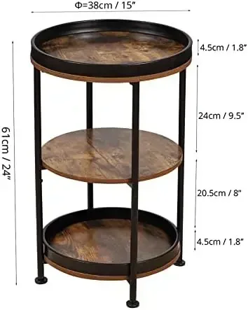 Side Table, Round End Table with 3 Storage Shelves for Living Room, Bedroom, Nightstand with Steel Frame for Small Spaces