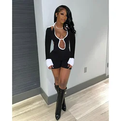 M3144 Women's Clothing New Fashion Street Shot Contrasting Color Collar Tight One-piece Casual Shorts Women's Clothing