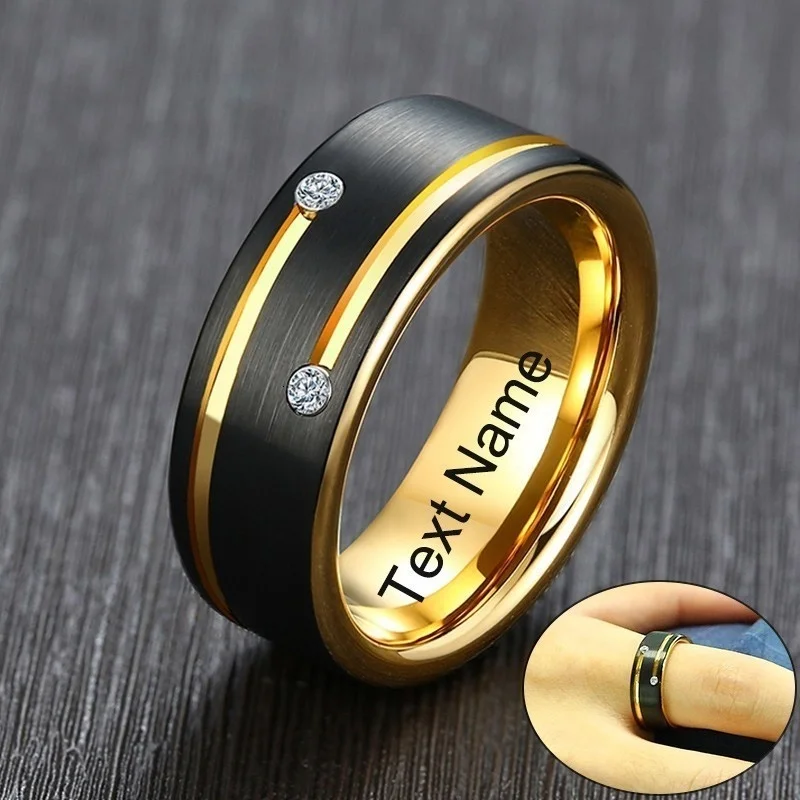 Vnox Free Custom Name Ring for Men Black Tungsten Carbide Wedding Band with Gold Color Lines AAA CZ Stones Gent Anel