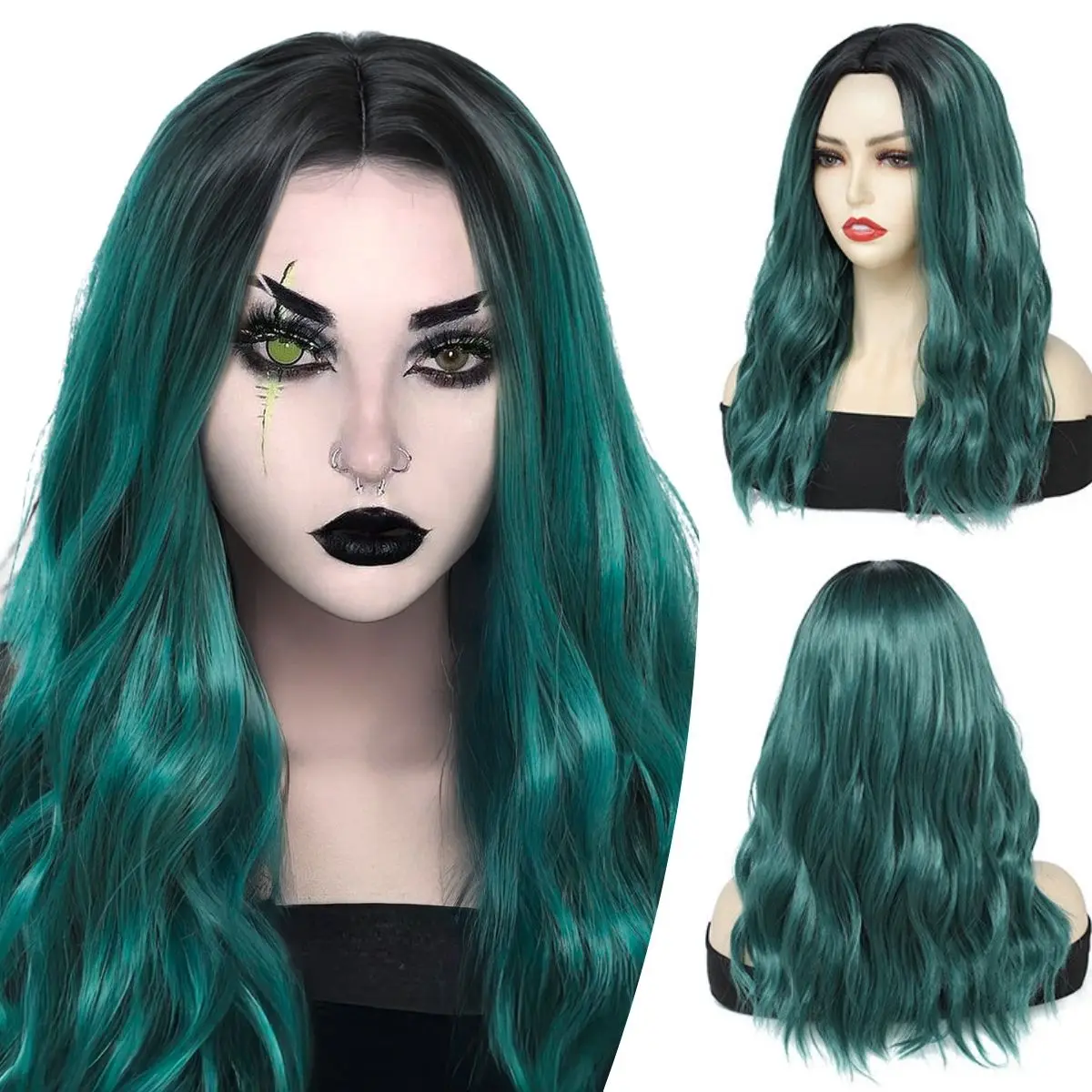

Dark Green Gradient Middle - Part Long Curls Wig With “Mystic Forest” Filter! Lazy Waves Drape, Lock Vibe in Place.