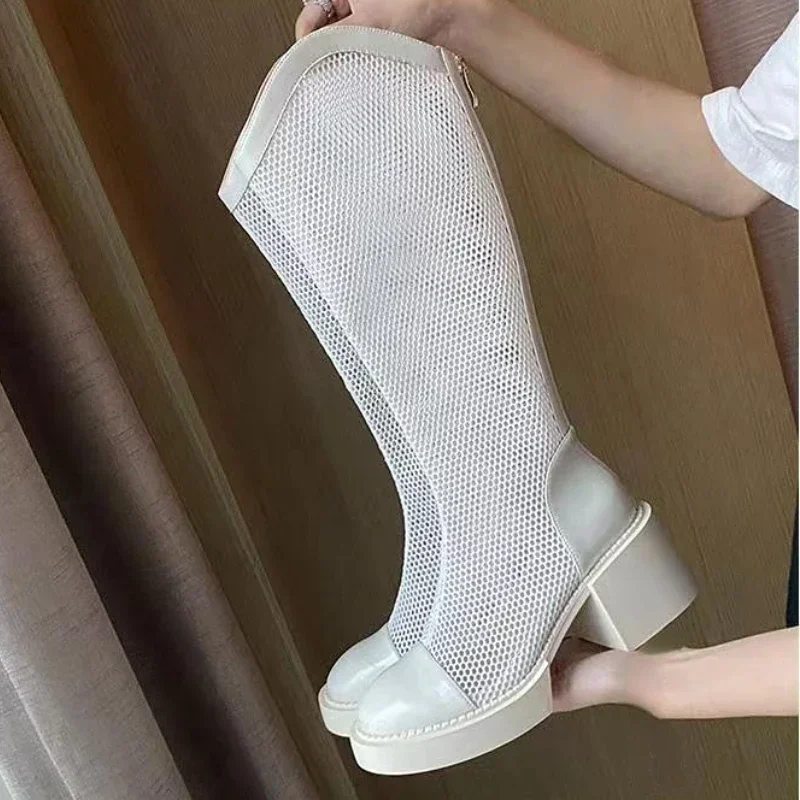 New Fashion Elegant Women\'s Boots Spring And Summer Mesh Hollow Thick Heel Retro Knee Breathable Cool