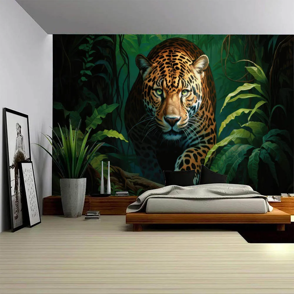 

Leopard print tapestry, gorgeous jungle scene poster in living room or bedroom, home decoration, tiger oil painting wall hanging