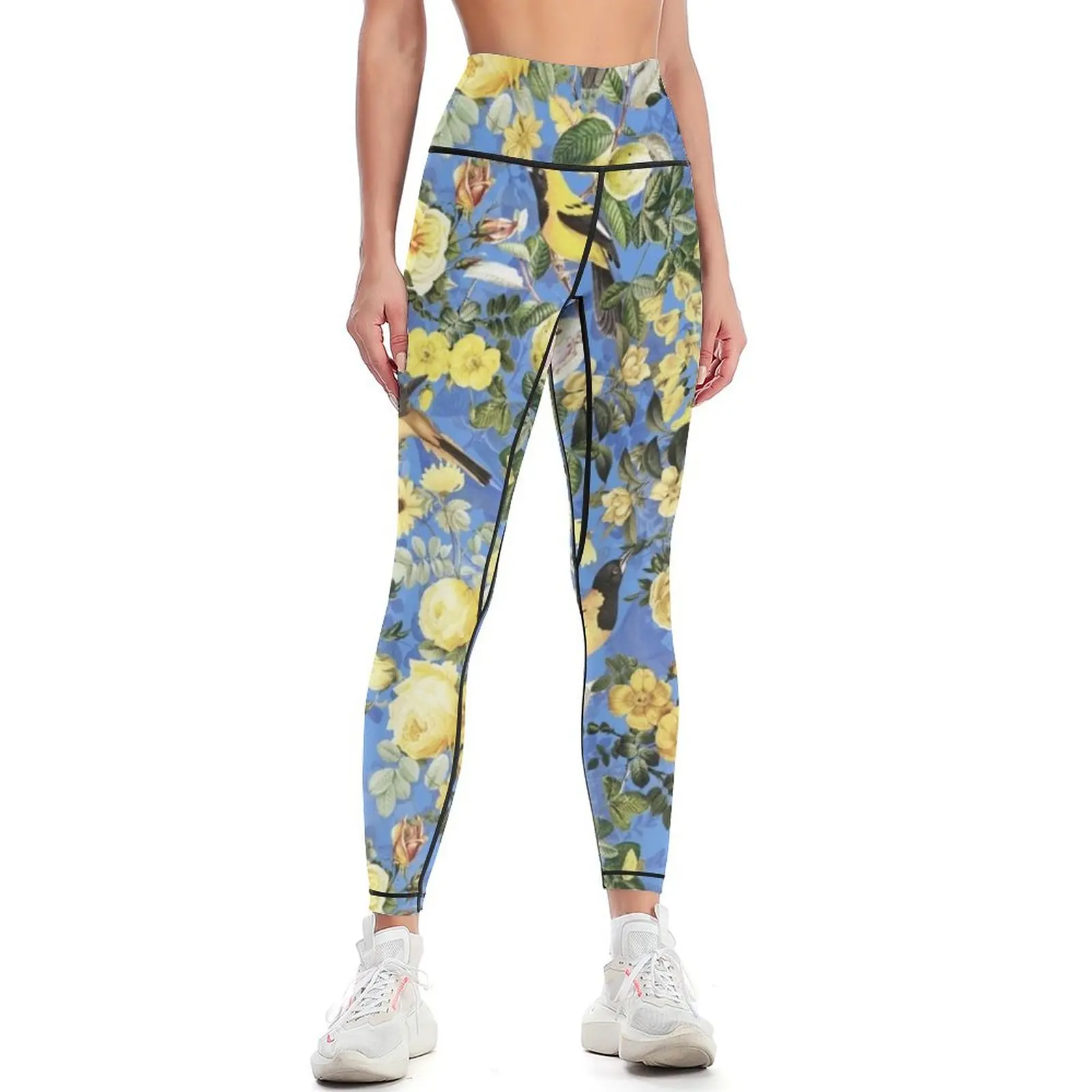 

Antique Blue And Yellow Botanical Flower Rose Garden Leggings workout clothes for for fitness Womens Leggings