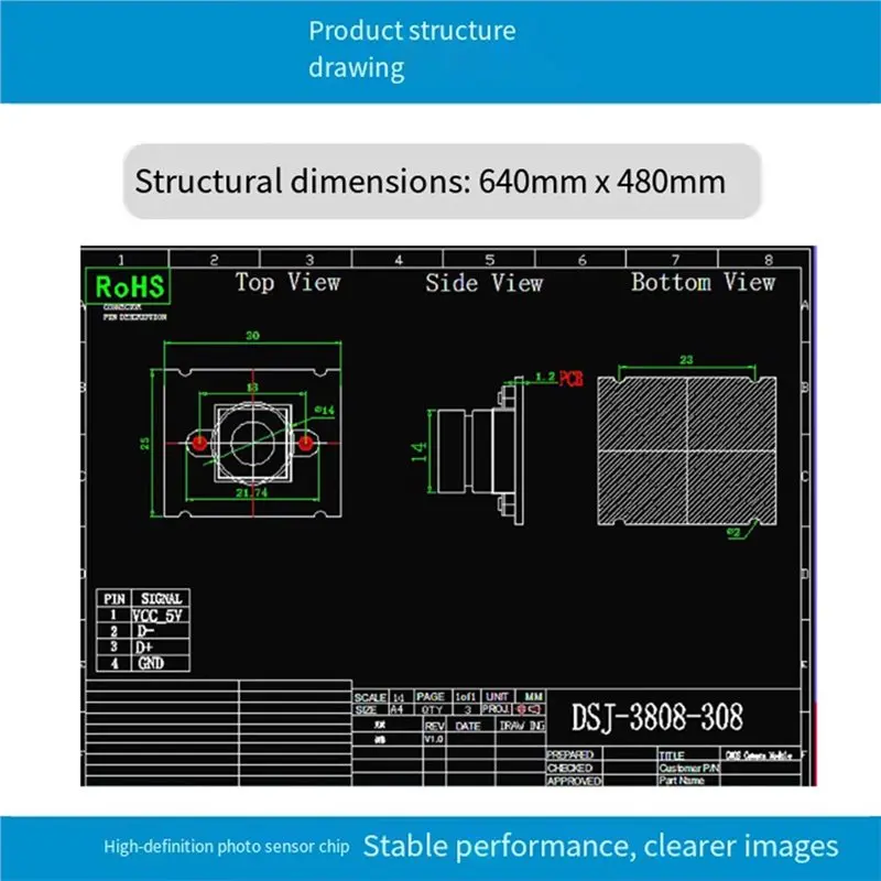 B04B-USB 2.0 UVC модуль камеры, фиксированный 70 °   Объектив 3.4 мкм, 5 В, 32x25 мм для сканирования/распознавания лиц/промышленного применения