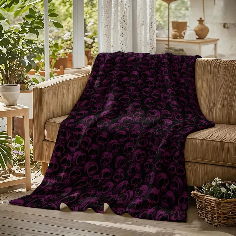 Purple Skull Repeat Print Flannel Blanket Warm Soft Halloween Christmas Decorative Couch Warm Cozy All-Season Gift