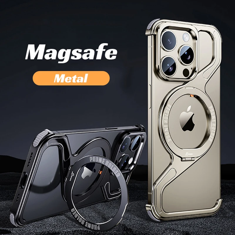 Metal Z Shape Magnetic MagSafe Stand Phone Case For iPhone 13 14 15 Pro Max Aluminum Alloy Shell Removable Snap-on Rimless Cover