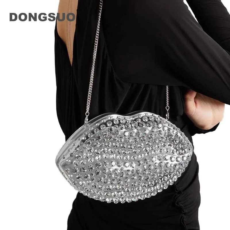 lip shape clutch bag Rhinestones clear Acrylic luxury wedding evening party kiss purse women 2024 spring new rose silver handbag