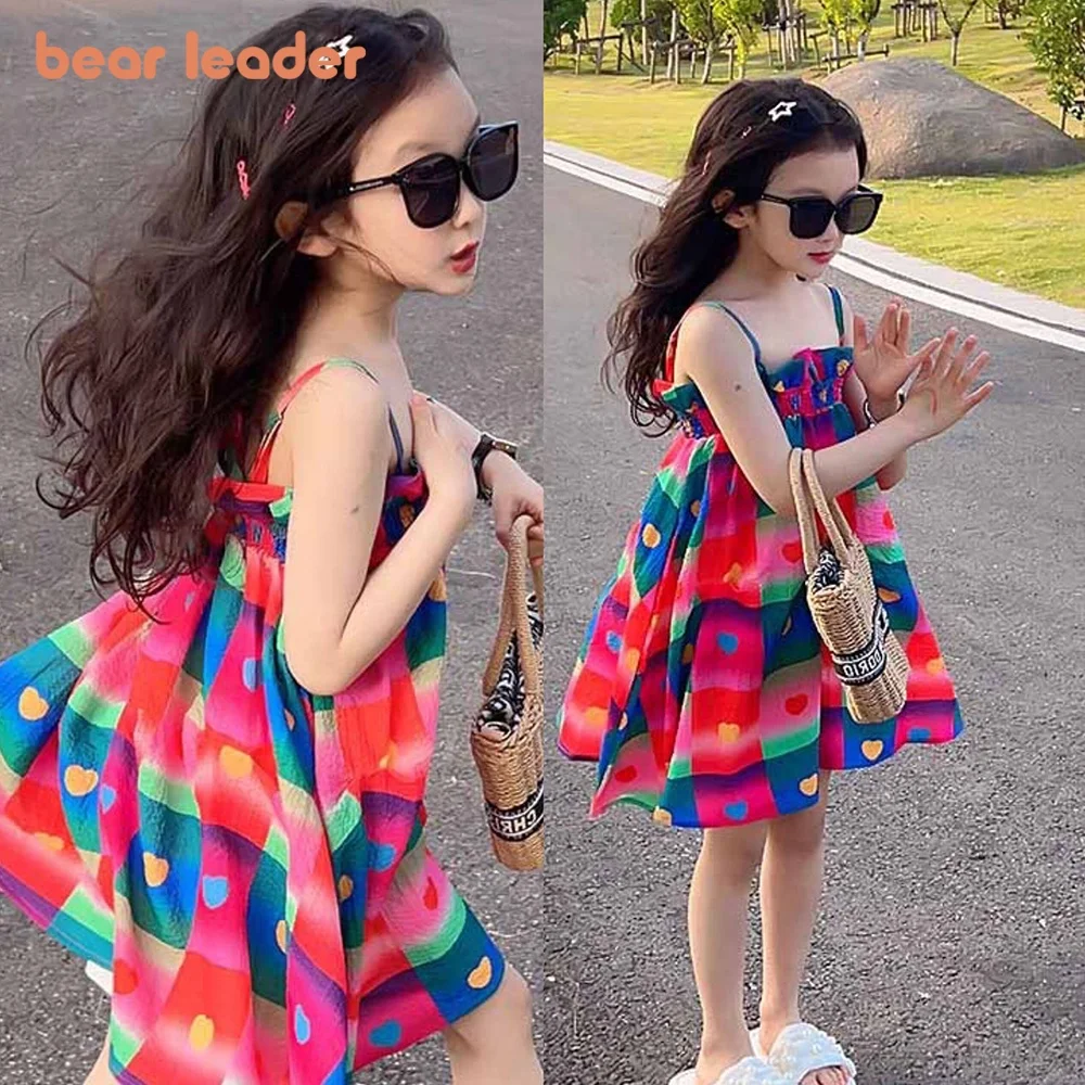 Bear Leader Summer Daily Casual Style Baby Girl\'s Clothes Strap Lace Contrasting Color Heart Printed Dress for 3-7 Years