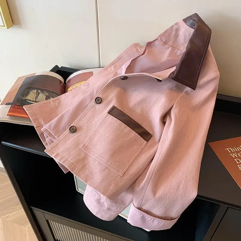 

Женские короткие куртки оверсайз из искусственной кожи Y2K с отложным воротником, модное украшение из искусственной кожи в стиле гранж, уличная повседневная свободная осень в стиле ретро