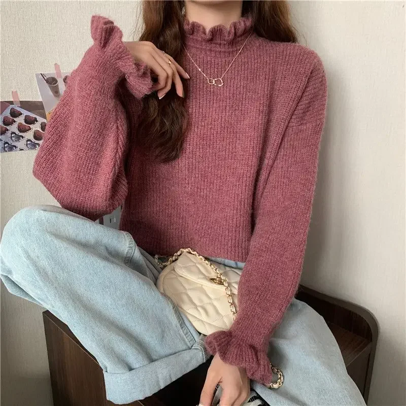 Women Ruffles Thicken Warm Sweater Mock Neck Flare Sleeve Sweet Pullovers Solid Casual Sweater For Women 2024 Fall Winter