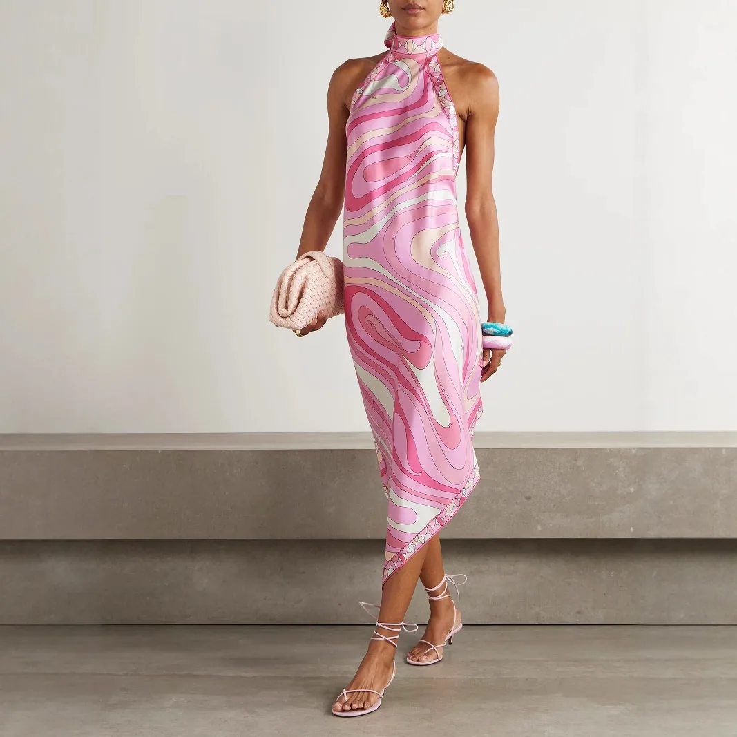 Sexy Suspender Irregular Printed Dress Summer New Backless Sleeveless Party Dresses Vintage Satin Slim Vacation One-piece Robes