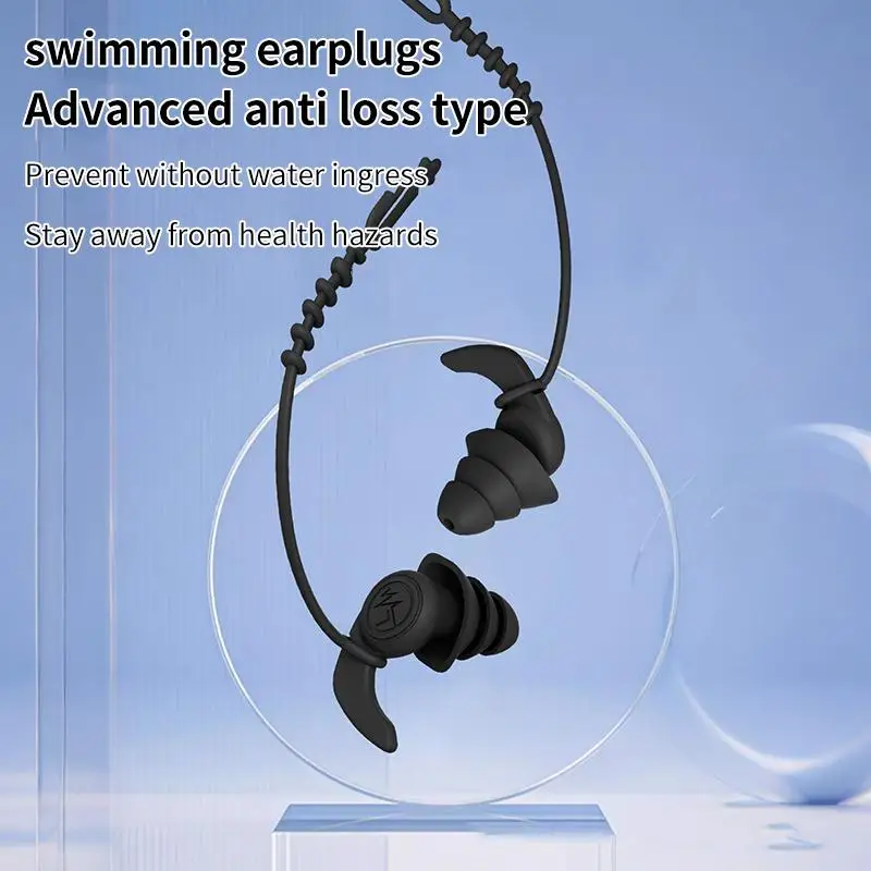 3-Layer Noise Cancelling Swim Earplugs with Rope Waterproof Ergonomic Design Sleep Swim Ear Buds with Lanyard Tether Anti-Loss