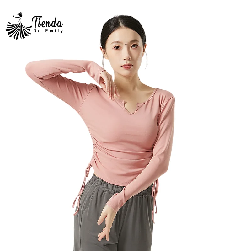 

White Blouse for Dancing Women Long Sleeve Shirt Sexy V Neck Modern Classical Dancer Practice Top Stage Drawstring Waist Plus