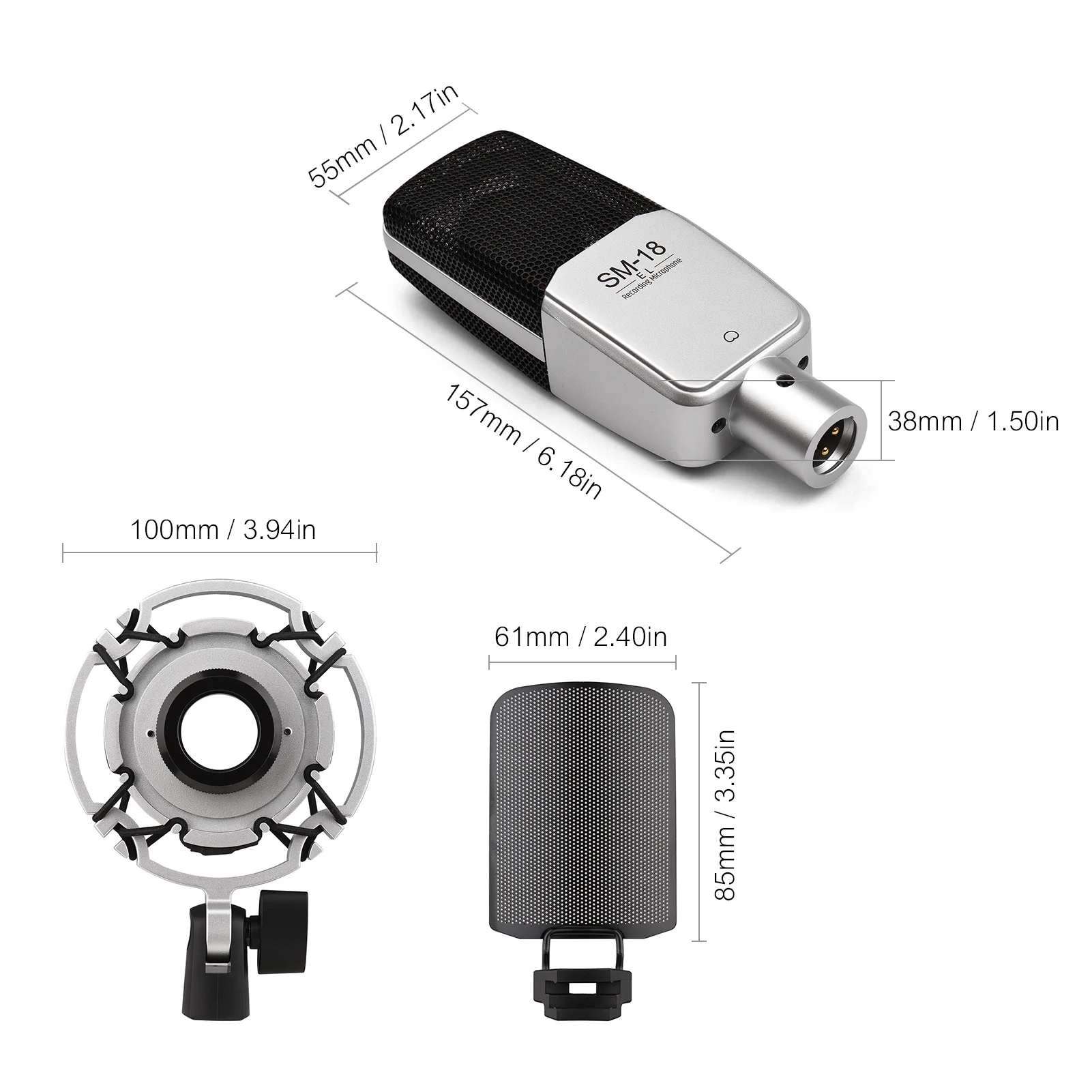 ميكروفون تسجيل احترافي ، مكثف Cardioid ، مجموعة Mic XLR مع تثبيت صدمات قابل للتعديل لصوت الاستوديو