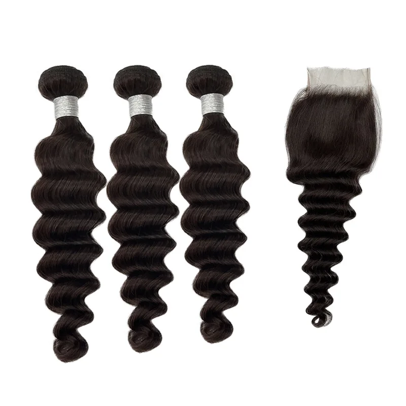 Premium # 2 colori sciolti onda profonda 3 pacchi + 1 chiusura capelli umani set remy vergine brasiliano look leggero perfetto morbido setoso