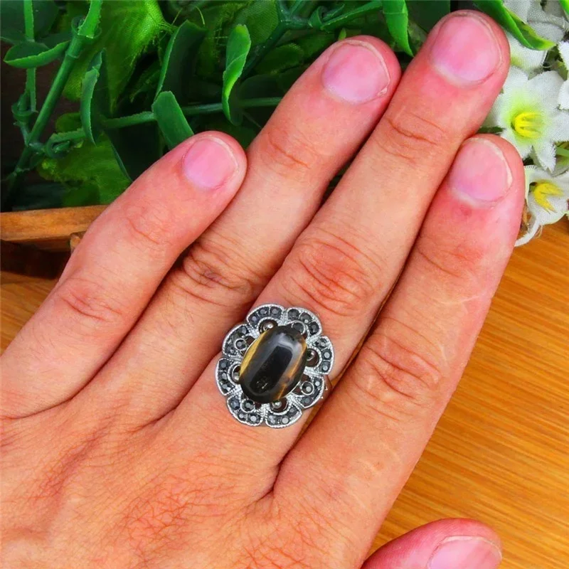 Oval Natural Tiger Eye Rings For Women Vintage Look Antique Silver Plated Rhinestone Plum Flower Fashion Jewelry TR692