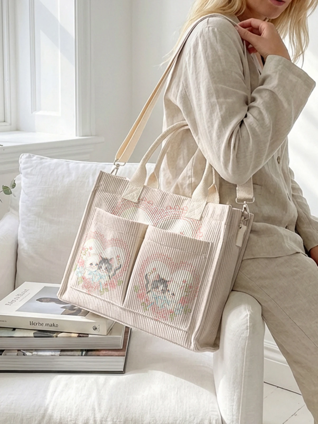 Cute Heart Frame Kitten Print Corduroy Tote Bag Large Capacity Multi Pocket Cat Lover Commuter Shoulder Bag