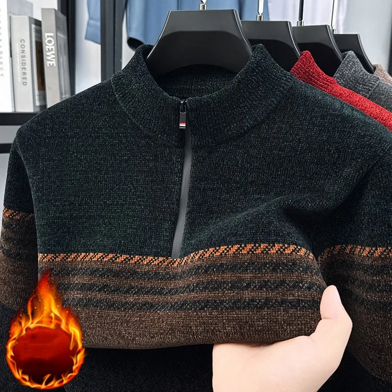 جودة عالية شخصية مخططة اللون منعت سترة الرجال أزياء نصف سستة جولة الرقبة الشتاء سميكة الدافئة محبوك السترة #4