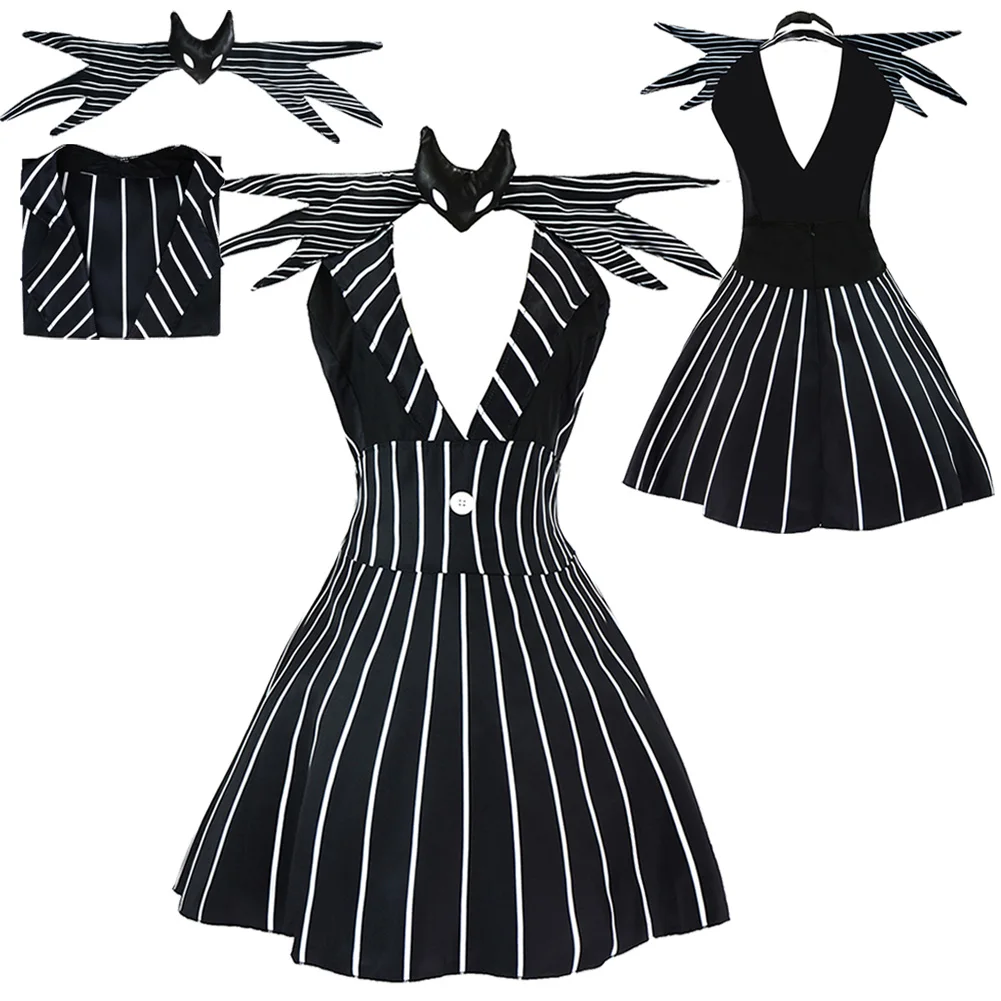 

Jack Cosplay Nightmare Movie Before Christmas Women Dress Costume Accessories Black White Stripe Skirts Halloween Party Suits