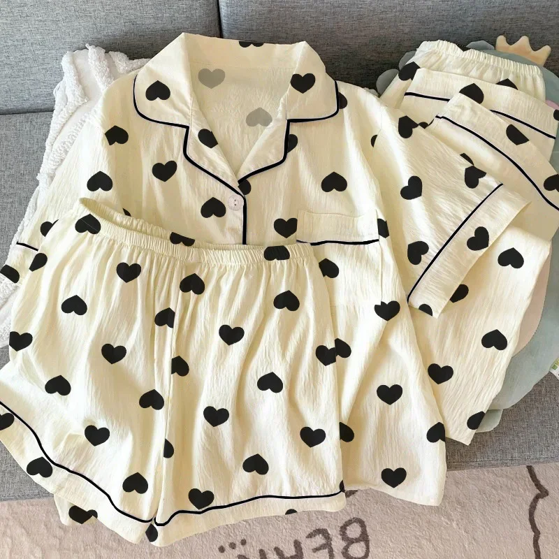 しわ加工の生地のパジャマ 春スタイル 可愛い 女の子らしい ストライプ柄 長袖 韓国風 カジュアル ホームウェアセット