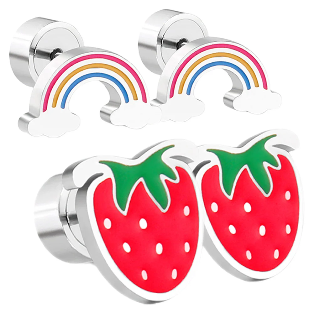 2 Pairs Sweet and Cute Children's Earrings Cloud Fruit Plant Rainbow Strawberry Women's Alloy Kid for Girls