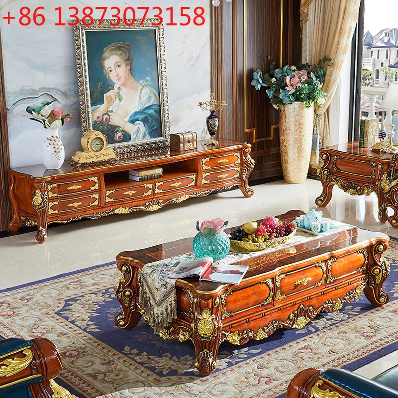 

European marble TV cabinet American coffee table floor cabinet combination gold all solid wood TV cabinet