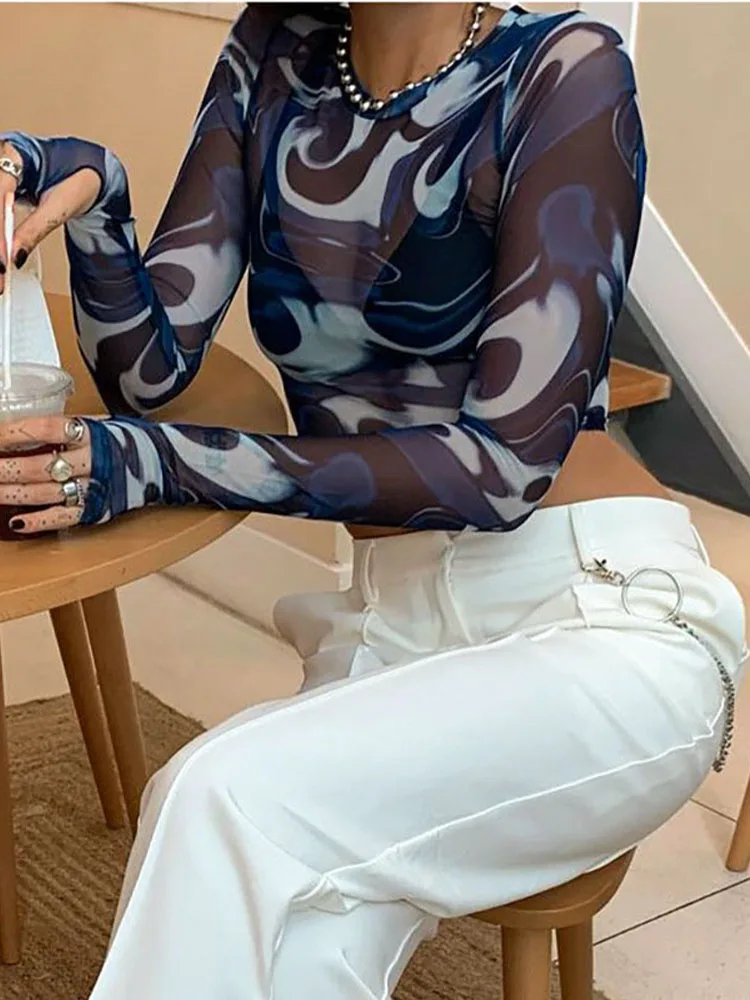 Fashion Female Mesh Crop Top Sheer Print round Neck Long Sleeve T-Shirt Pullover Sexy Y2K Harajuku Streetwear Top