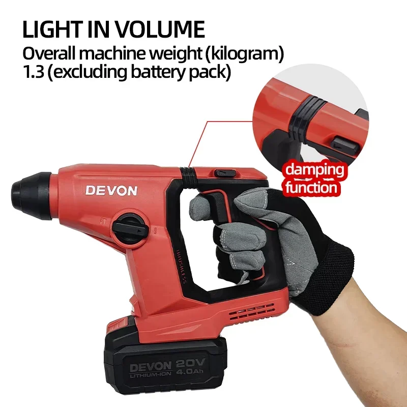 Devon 5403-Li-20V Battery 13/8/18mm Brushless Electric Hammer Drill Compact and Easy to Operate Home DIY Cordless Power Tools