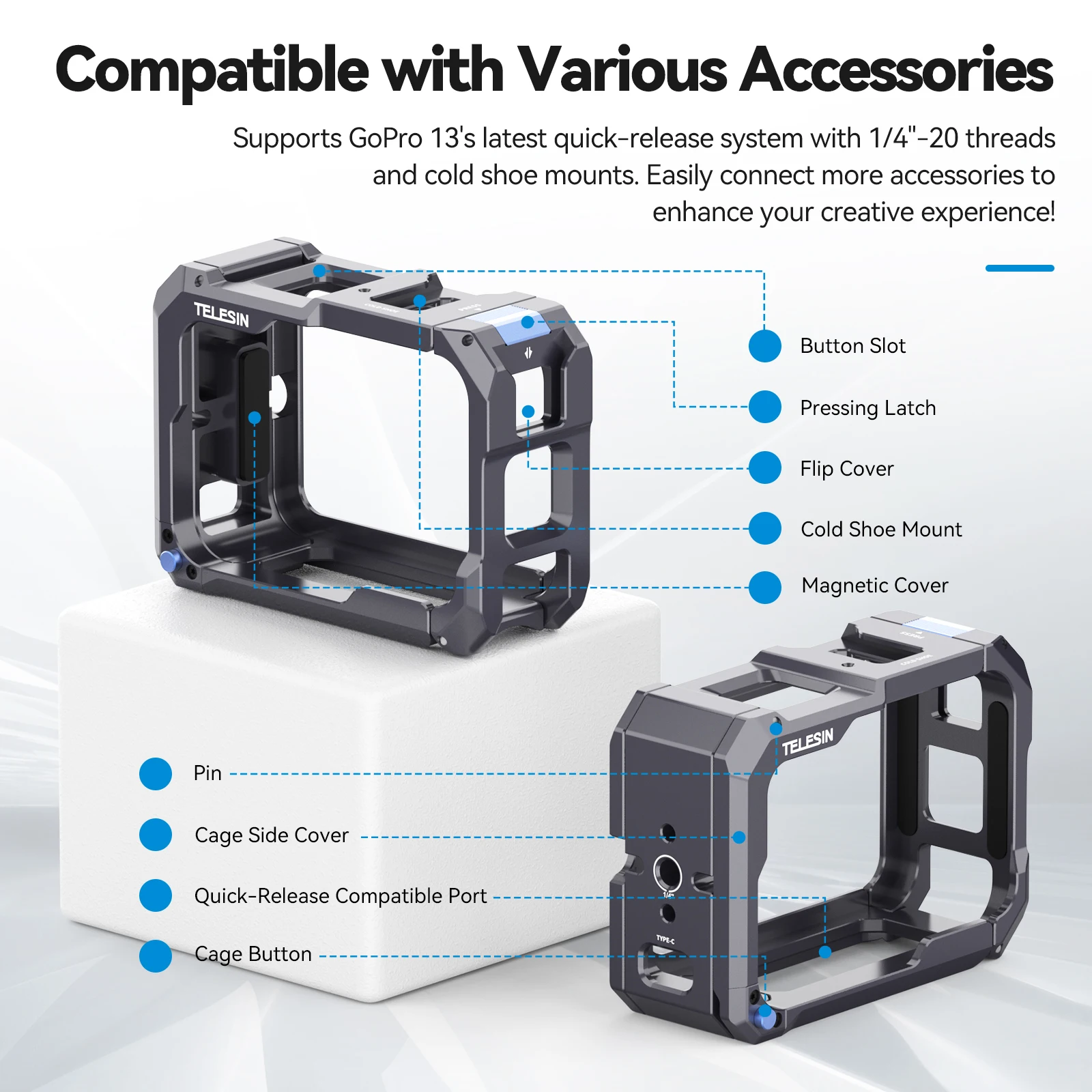 TELESIN Upgraded Metal Rabbit Cage Charging Protection Cold Shoe Adapter Aluminium Alloy Case For Gopro Hero 13 12 11 10 9