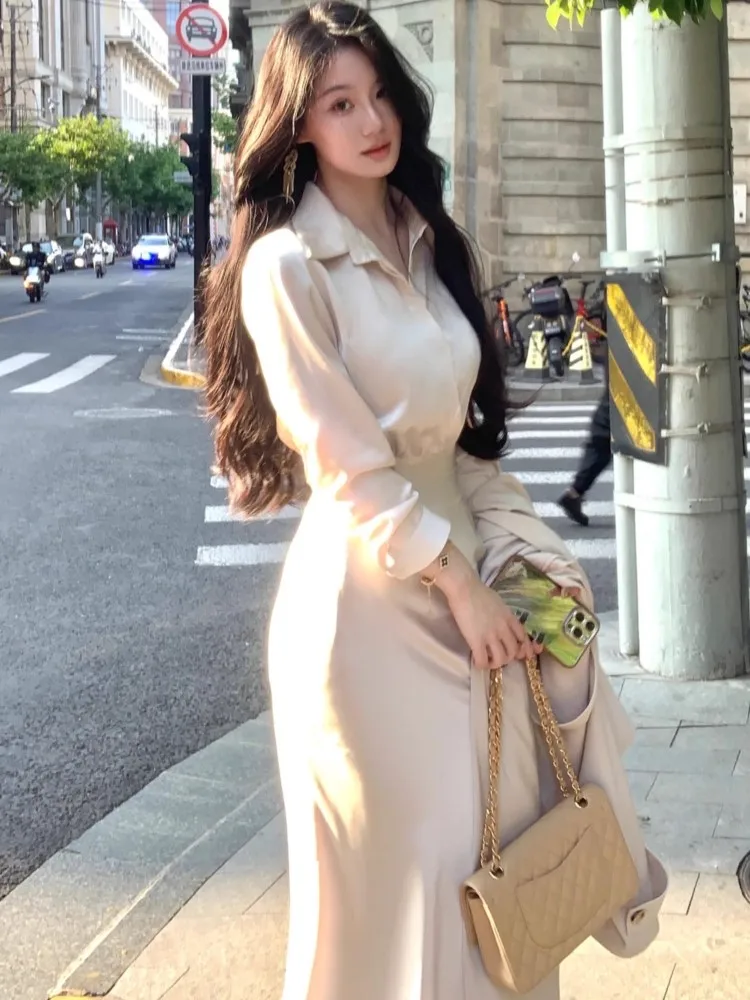 Elegant Solid Shirt Suit for Women Autumn Long Sleeve Slim Waist Shirt +High Waist Mermaid Long Skirt Two Piece Set Casual Mujer