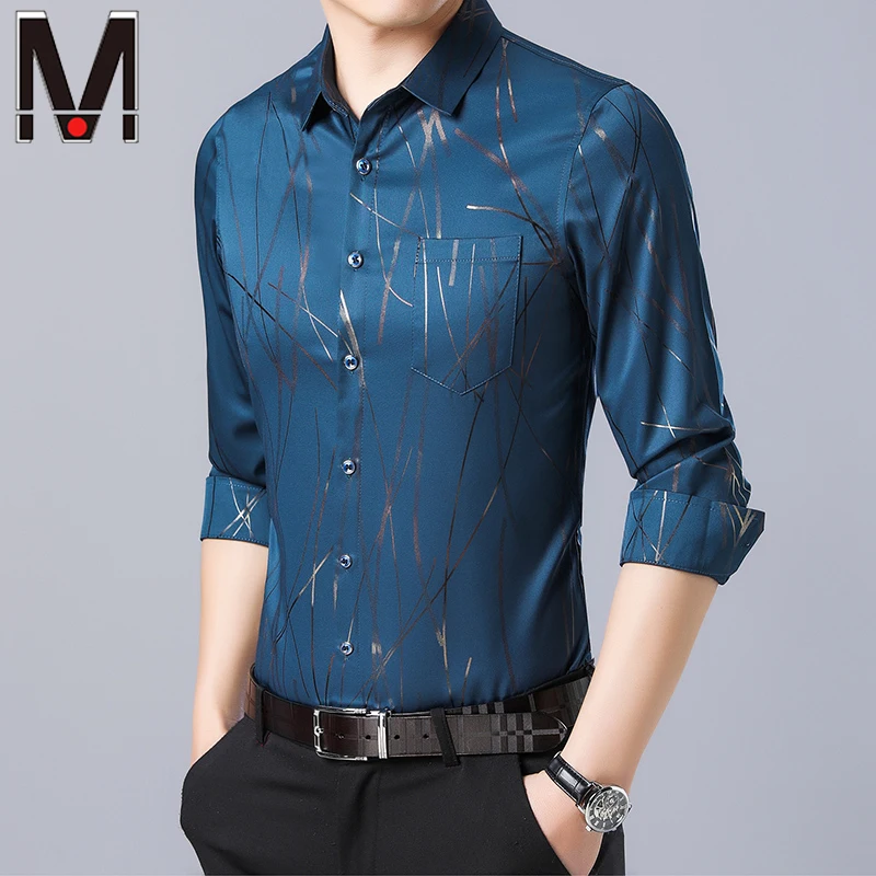 New Men's Casual Printed Long Sleeved Lapel Shirt for Spring and Autumn Fashion Comfortable Wrinkle Free Top Without Ironing