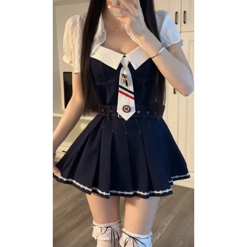 Summer Two Piece Set Women Navy Blue Suspender Dress with White Puff Sleeve Blouse Sweet College Style Slim Fit Kawaii Outfits