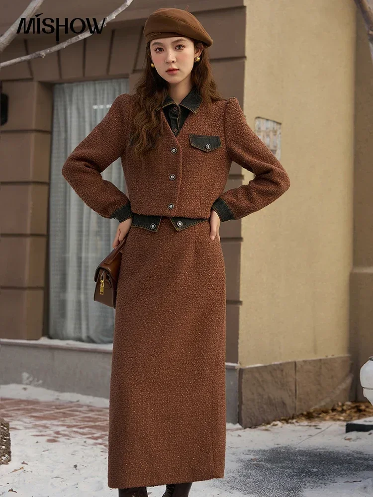 MISHOW Elegant Skirt Sets for Women 2 Pieces 2023  Autumn Winter Tweed Patchwork Coat Midi Skirt New Two Piece Set MXC55T0179