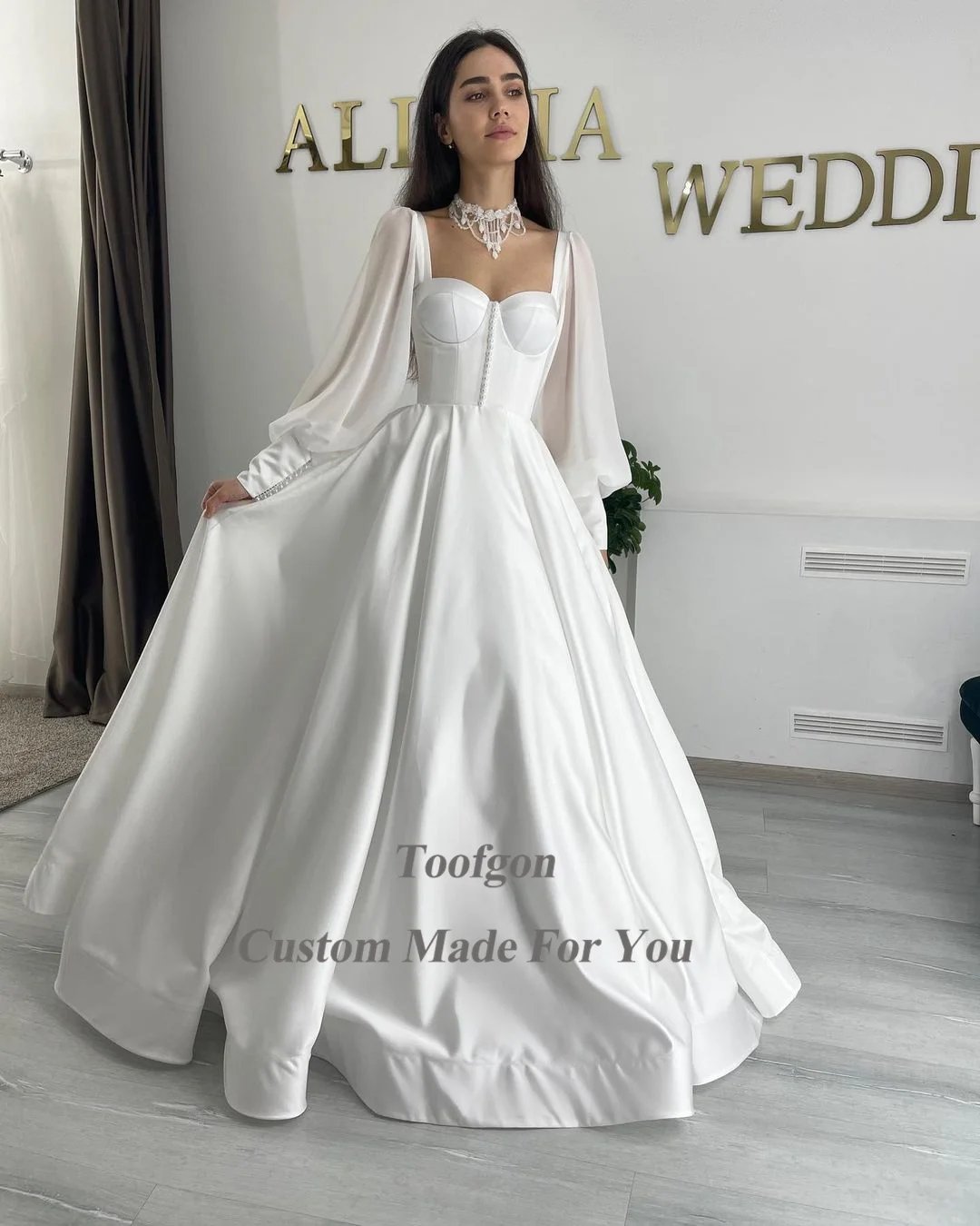 Toofgon A Line Satijnen Trouwjurken Chiffon Lange Mouwen Veterparels Bruid Bruidsjurken Feestjurk Robe De Mariée