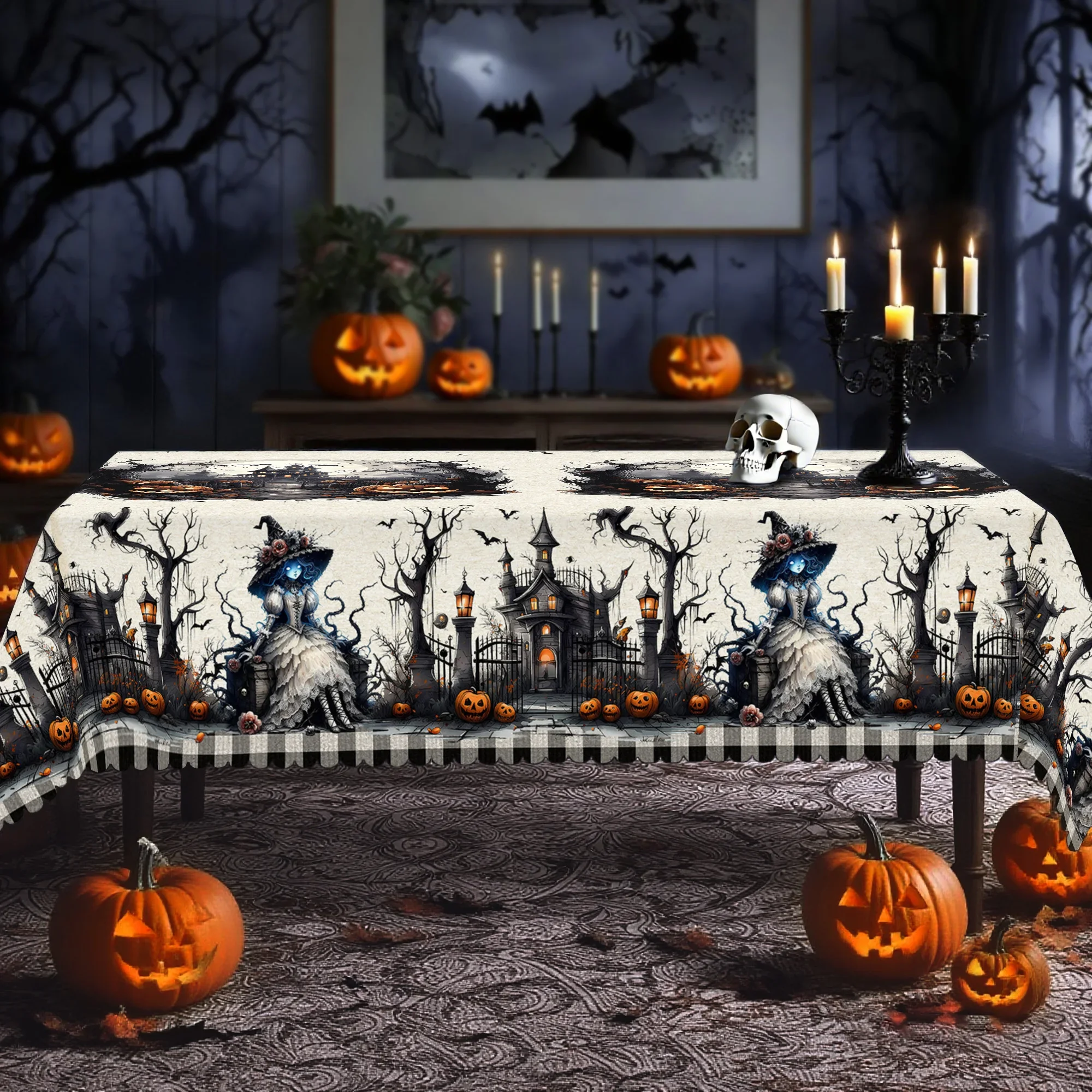 One tablecloth with Halloween patterns featuring haunted castle and pumpkins.PMJ