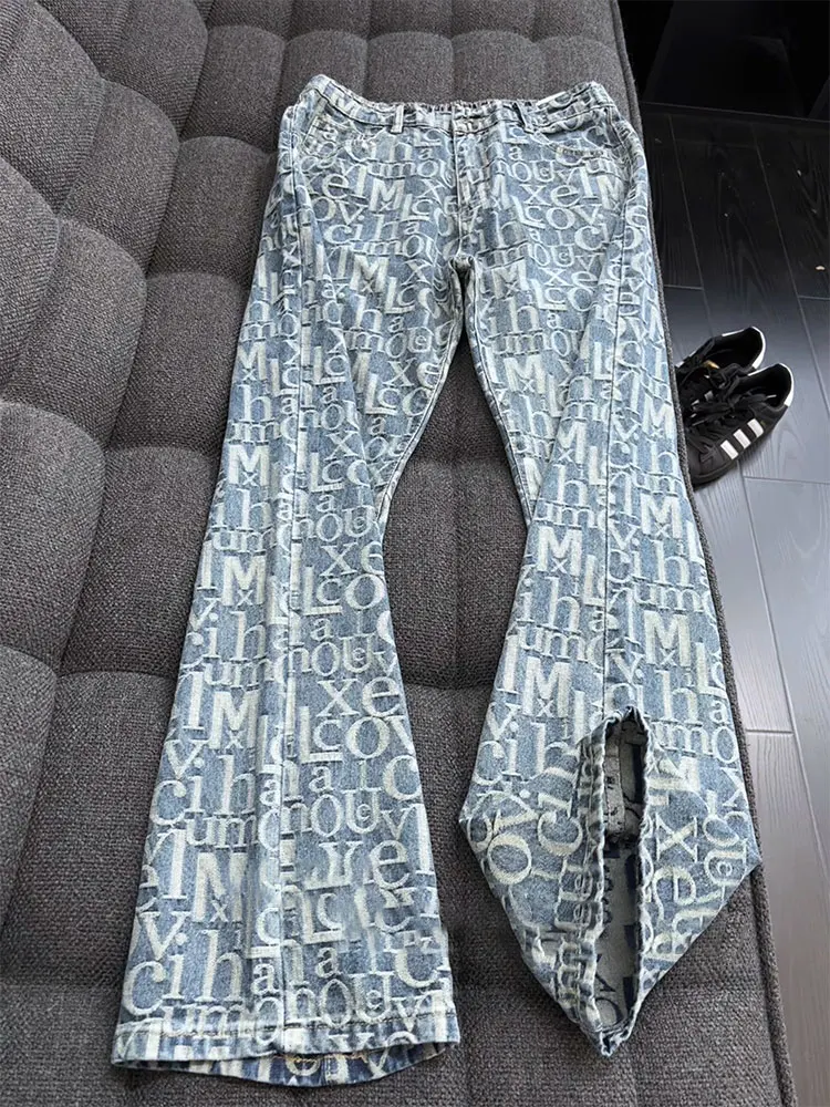 

Paris Floral Print Denim Jeans Men's High Street Slim Straight Cut Loose Fit Casual Autumn Faion Jeans Youth Trendy