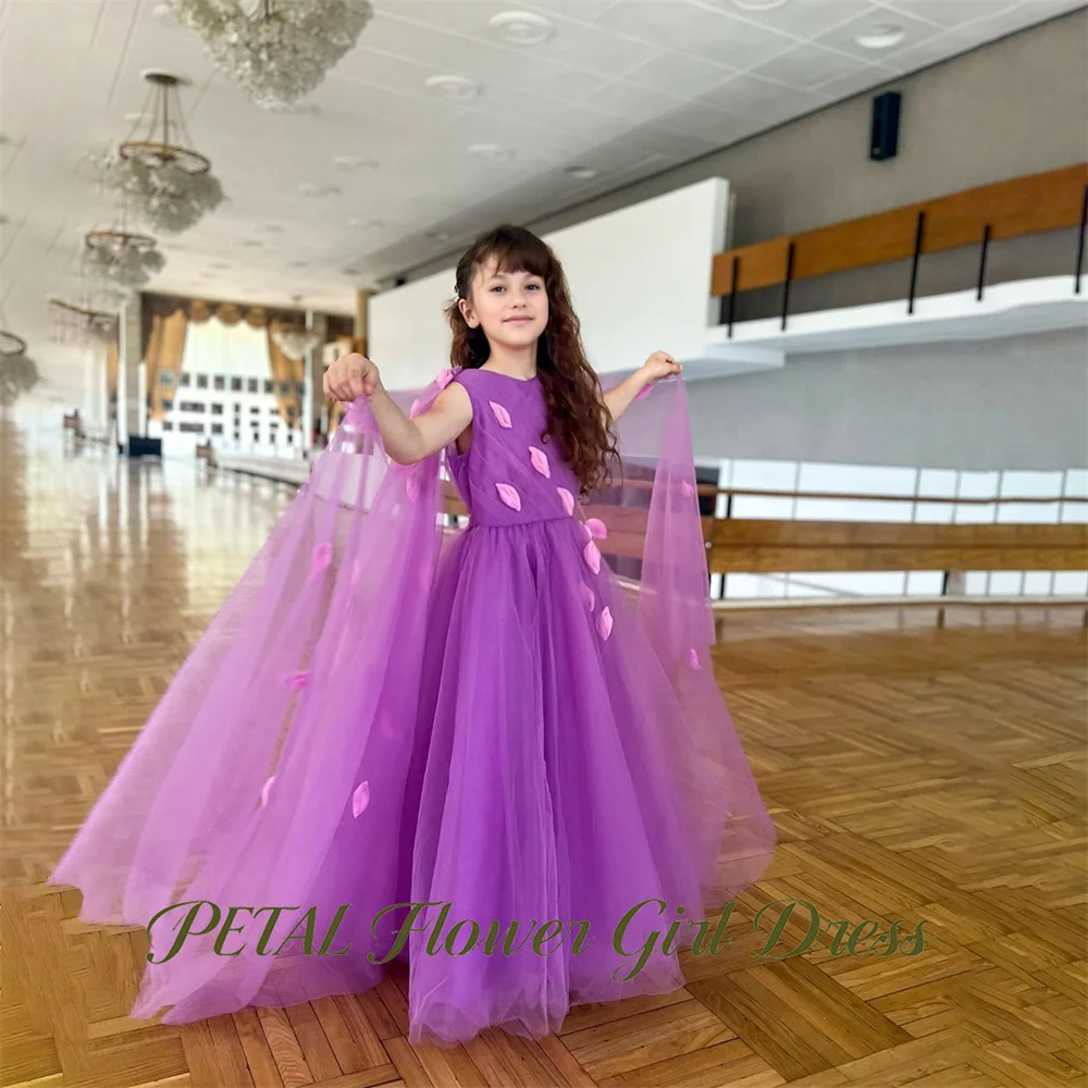 Petal Purple Princess Girls Dress with Shawl Round Neck First Communion Gown 3D Petal Kids Birthday Wedding Dresses Customized