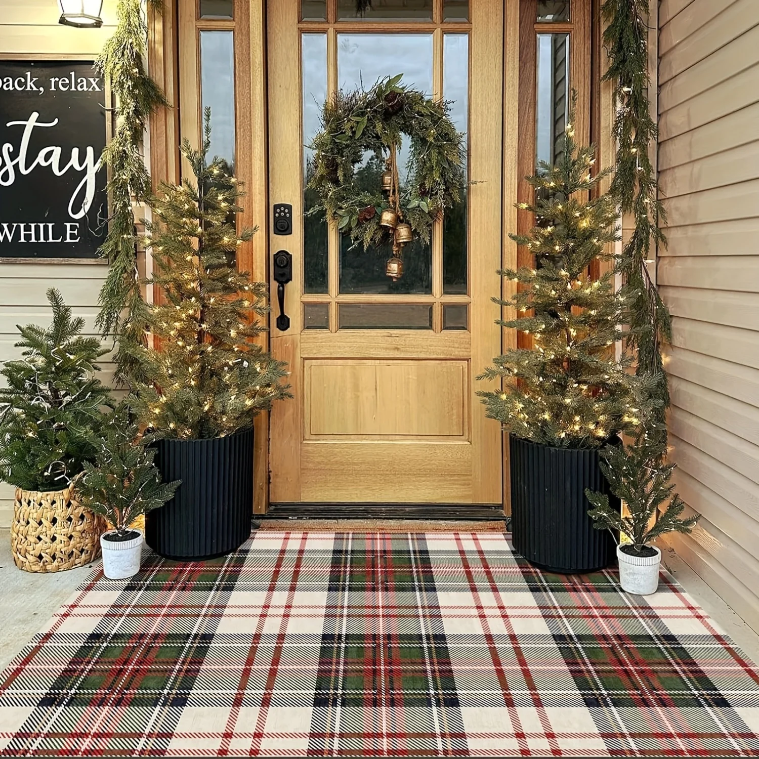 VIKAMA Christmas Plaid Entryway Runner Mat Red Green Tartan Pattern Laurel‑wreath Coir Doormat Non‑slip Holiday Front‑door Floor
