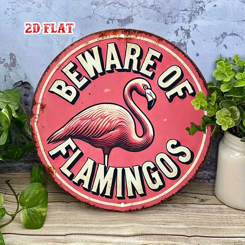 CIFBUY Cute Pink Flamingo Round Aluminum Wall Art, Waterproof Rustproof Decorative Metal Sign for Home Garage Cafe