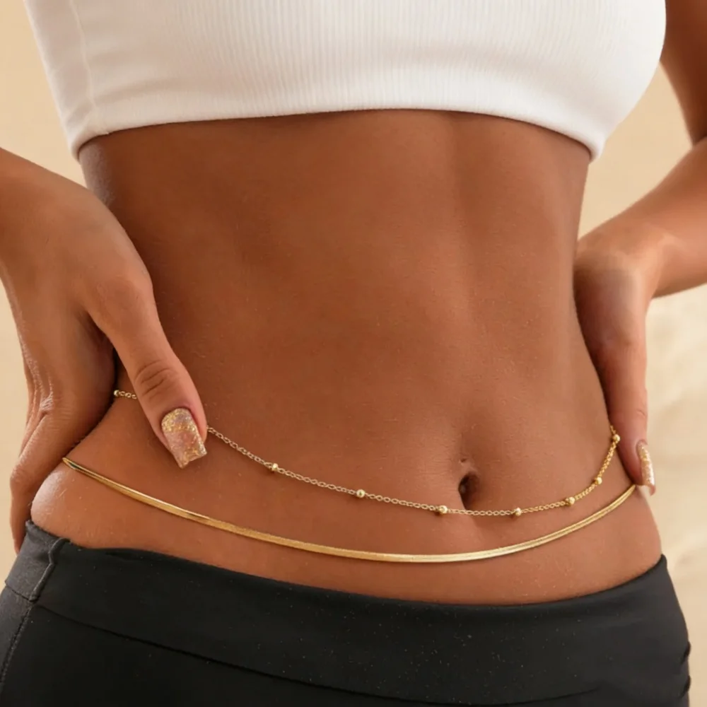 Silver Color Double Layer Waist Chain for Women Beaded Snake Chain Belly Body Chain Adjustable Summer Beach Bikini Body Jewelry - view 2
