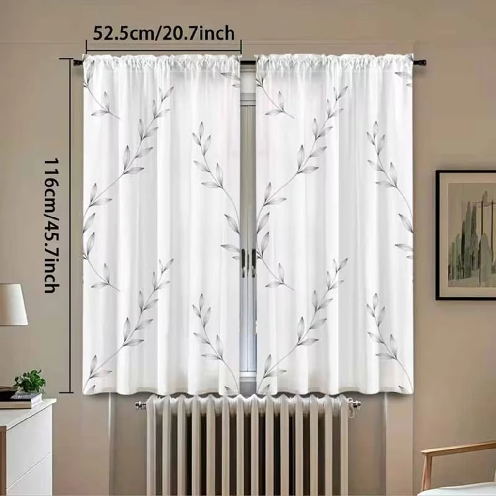 2PCS, White with Grey, Grey Leaf Branch Pattern, Minimalist Style, Flat Printed Curtains, 100% Polyester Fabric, Rod Pocket Sty