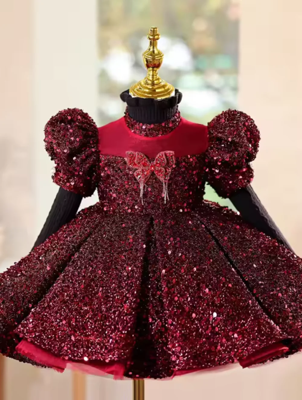 반짝이는 버건디 플라워 걸 드레스 사랑스러운 퍼프 소매 스팽글 공주 어린이 웨딩 생일 파티 정장 가운