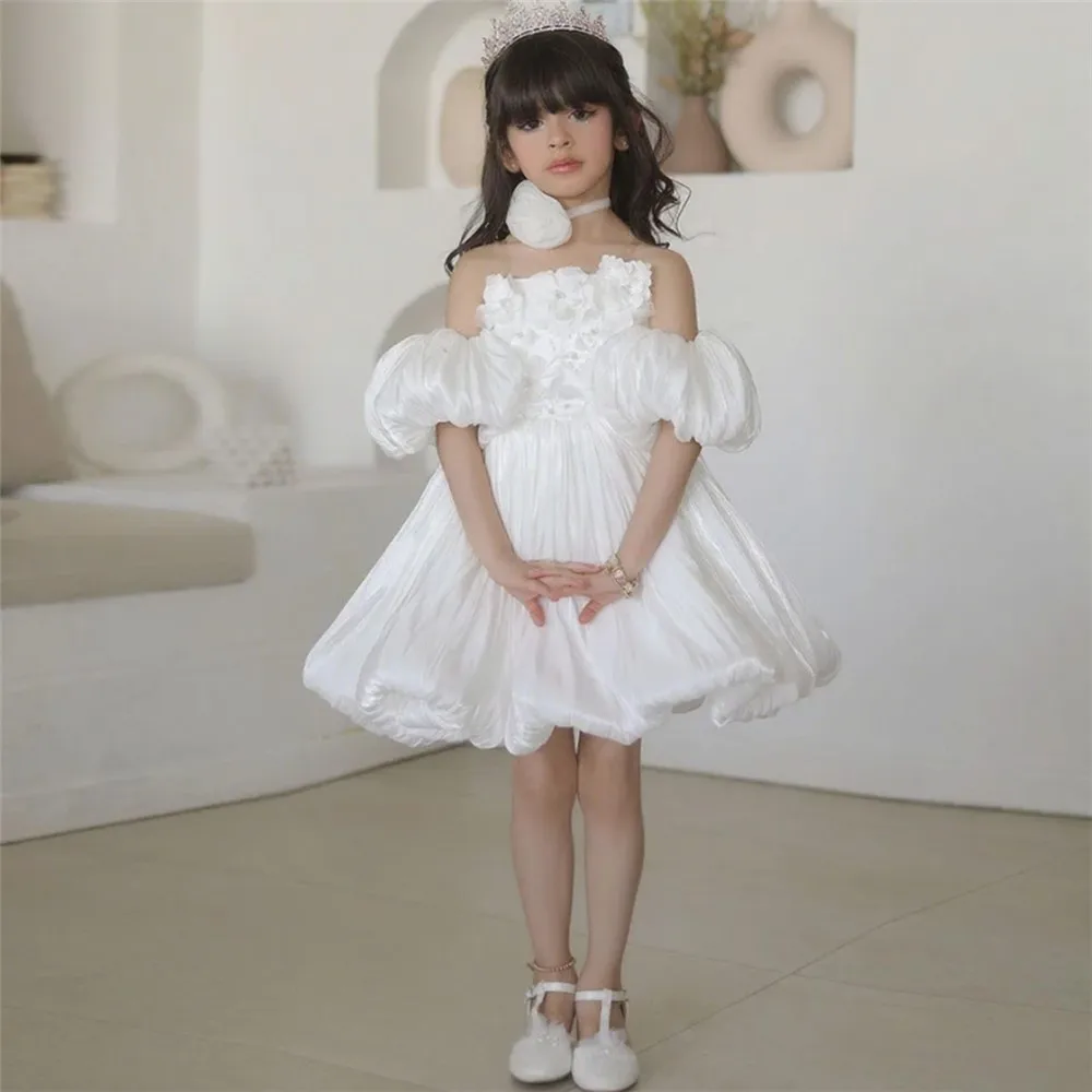 

Customized Elegant Flower Girl Dress For Wedding Appliques Floral Pearls Puffy Luxury Kids Birthday Party Formal Occasion Gown